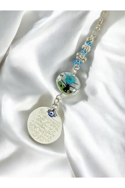 Living Landscape Metal Ayetel Kursi Car Rearview Mirror Ornament with Turquoise Flowers and Glass Evil Eye Beads