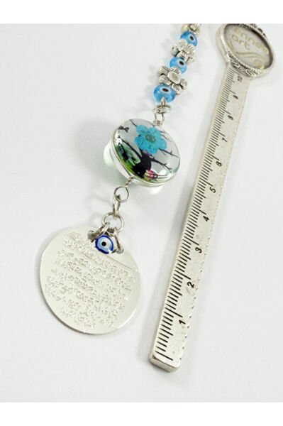 Living Landscape Metal Ayetel Kursi Car Rearview Mirror Ornament with Turquoise Flowers and Glass Evil Eye Beads