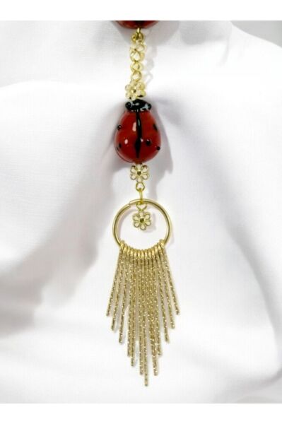 Metal Flower Beaded Glass Red Ladybug Car Rearview Mirror Ornament with Metal Pendant