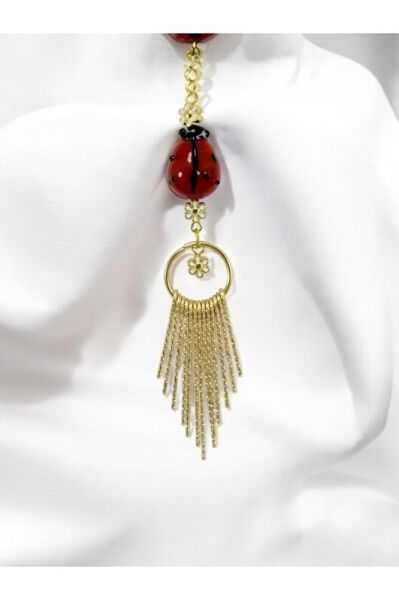 Metal Flower Beaded Glass Red Ladybug Car Rearview Mirror Ornament with Metal Pendant