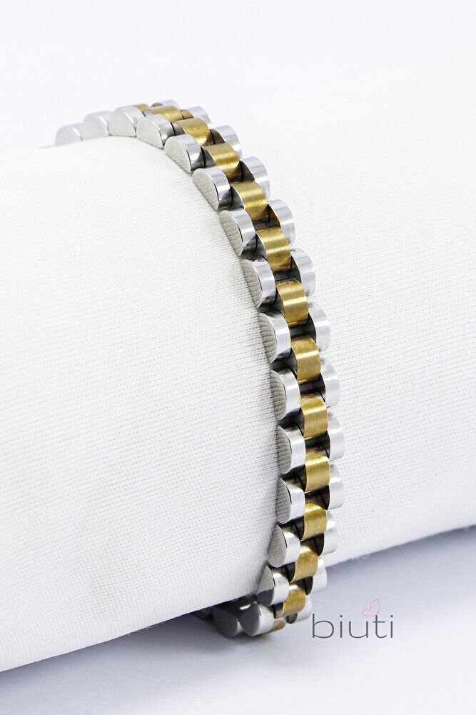 Gol ve Gümüş Çift Renkli Paslanmaz Çelik Erkek Bileklik, Sevgililer Günü Hediyelik Erkek Aksesuar