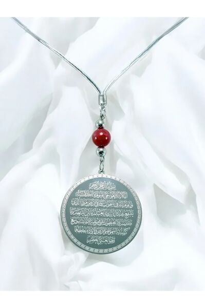 Kırmızı Doğal Akik Taşlı Gümüş Renk Çelik Çift Taraflı Ayetel Kürsi Felak Nas Ihlas Araba Ayna Süsü