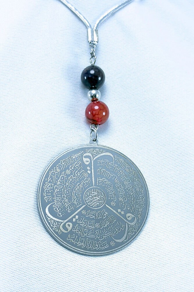 Doğal Akik Taşlı Gümüş Renk Çelik Çift Taraflı Ayetel Kürsi Felak Nas Ihlas Araba Ayna Süsü(4,5 CM)