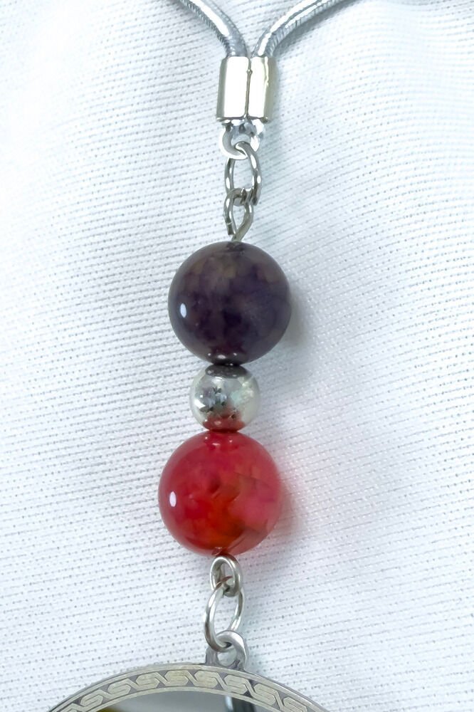 Doğal Akik Taşlı Gümüş Renk Çelik Çift Taraflı Ayetel Kürsi Felak Nas Ihlas Araba Ayna Süsü(4,5 CM)