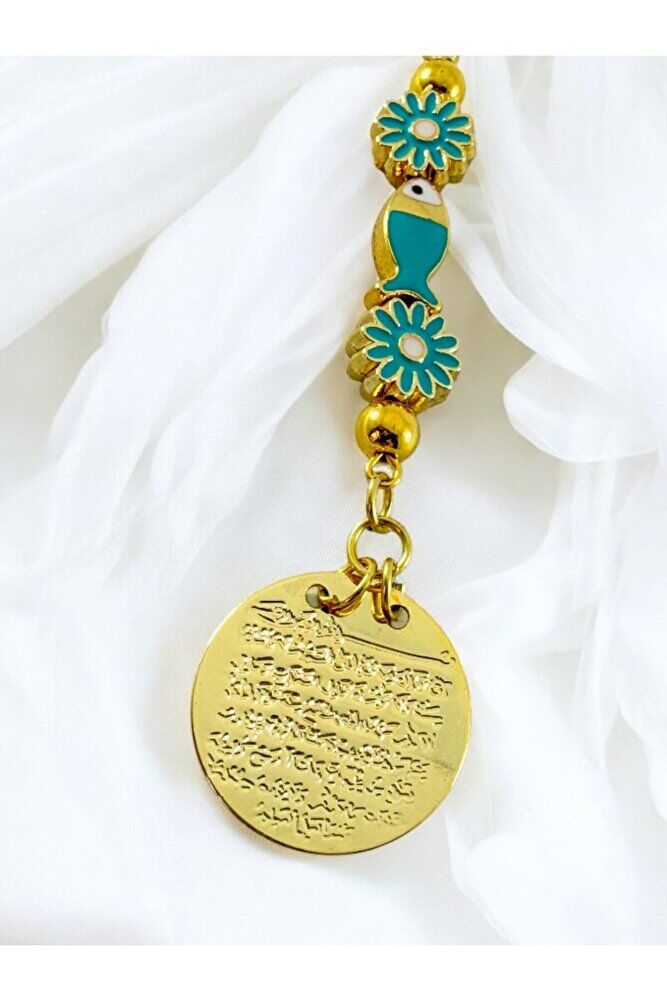 Turkuaz Balık Papatya Çiçek Metal Ayetel Kürsi Altın Renkli Araba Dikiz Ayna Süsü