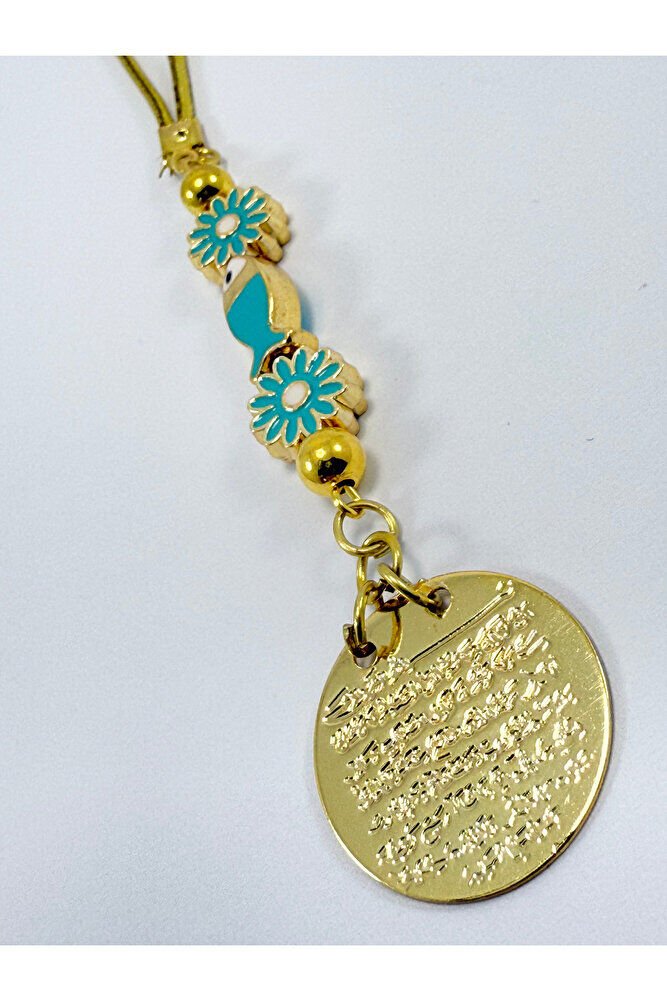 Turkuaz Balık Papatya Çiçek Metal Ayetel Kürsi Altın Renkli Araba Dikiz Ayna Süsü