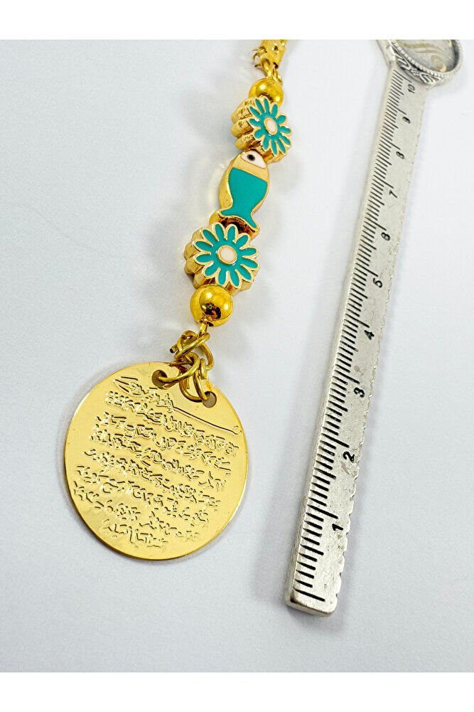 Turkuaz Balık Papatya Çiçek Metal Ayetel Kürsi Altın Renkli Araba Dikiz Ayna Süsü