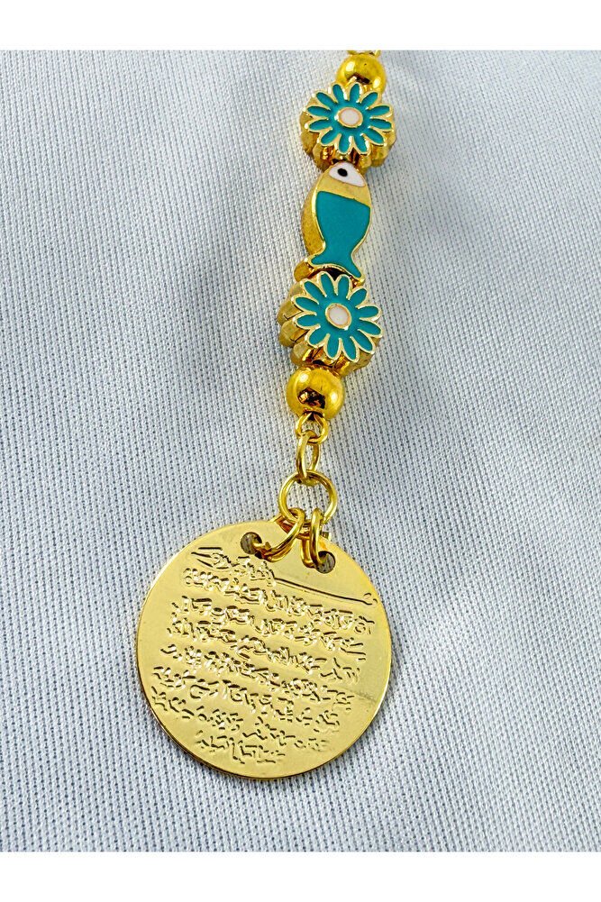 Turkuaz Balık Papatya Çiçek Metal Ayetel Kürsi Altın Renkli Araba Dikiz Ayna Süsü