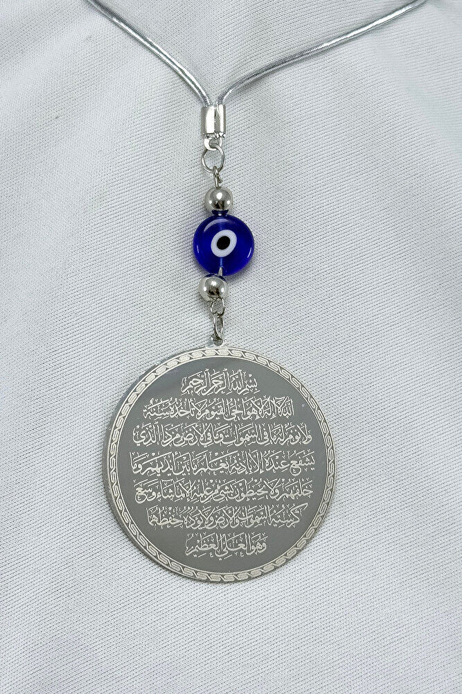 Flat Evil Eye Bead Silver Color Steel Double Sided Ayetel Kursi / Evil Eye Verse Car Rear View Mirror Ornament