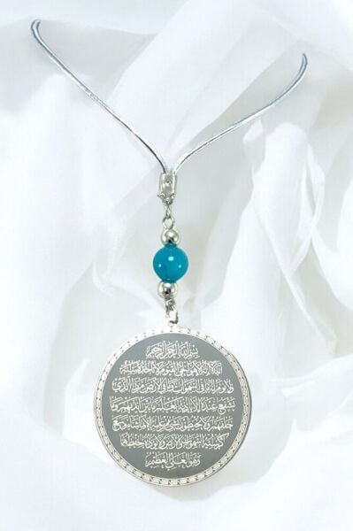 Turkuaz Doğal Taşlı Gümüş Renk Çift Taraflı Çelik Ayetel Kürsi Tevbe Duası Araba Dikiz Ayna Süsü