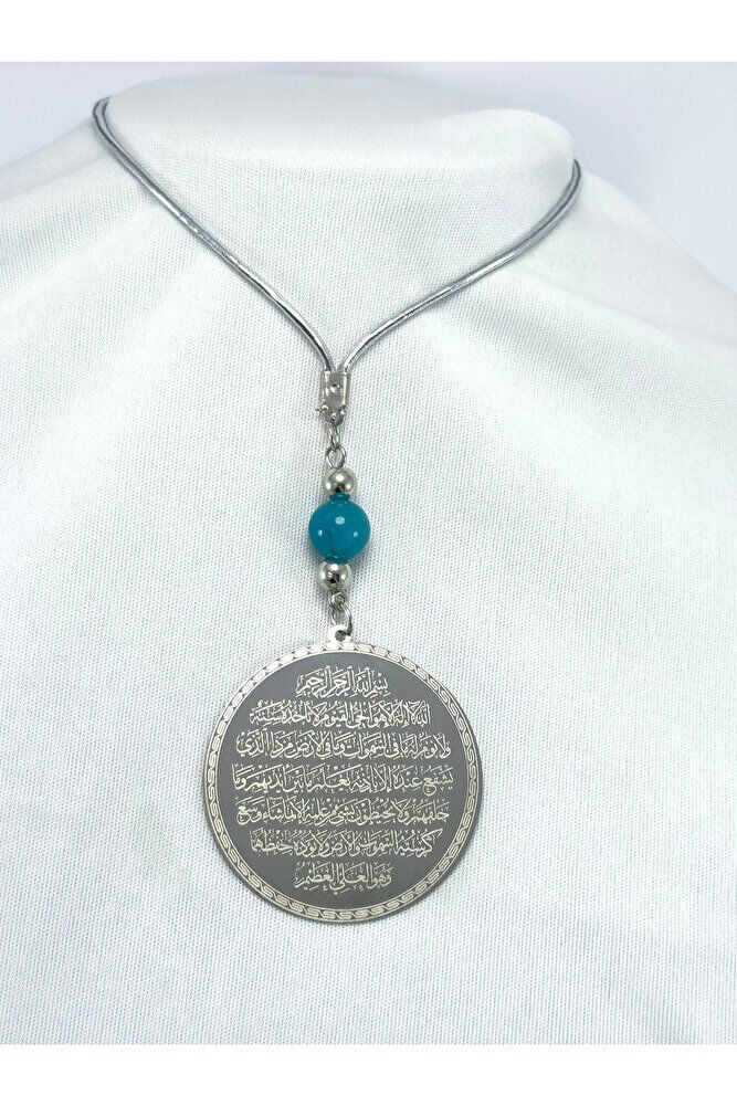 Silver Color Double-Sided Steel Ayetel Kursi Repentance Prayer Car Rearview Mirror Ornament with Turquoise Natural Stone