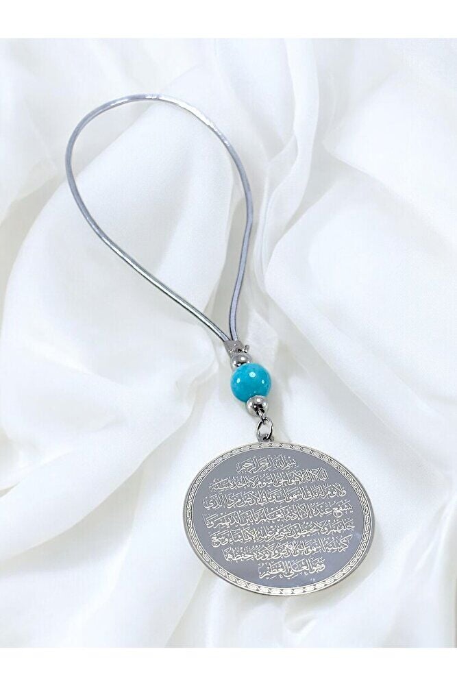 Silver Color Double-Sided Steel Ayetel Kursi Repentance Prayer Car Rearview Mirror Ornament with Turquoise Natural Stone