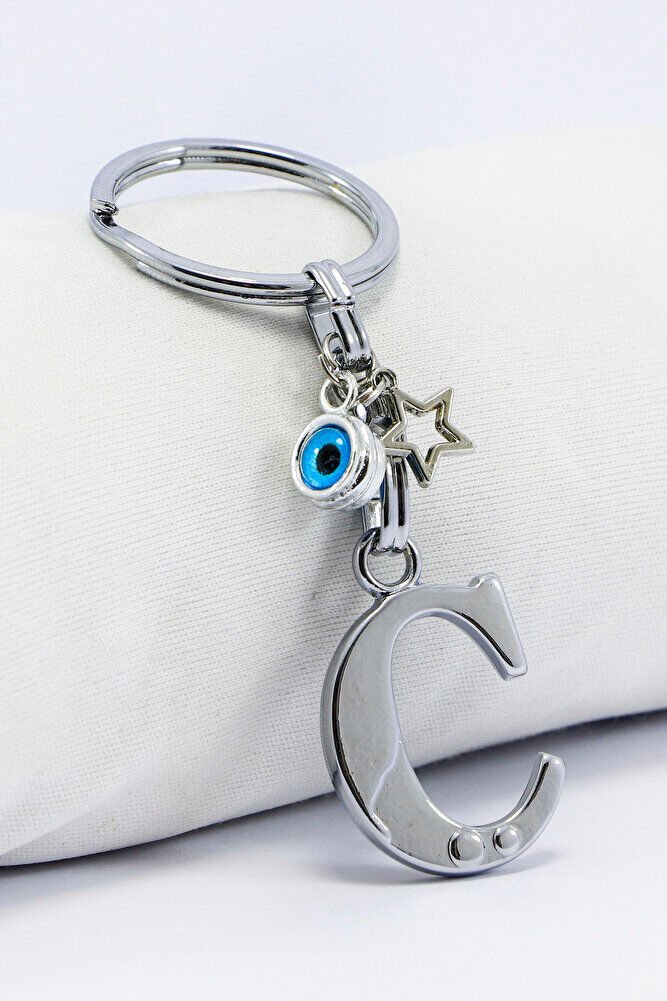 Gümüş Renkli Yıldızlı Nazar Boncuklu Metal C Harfi Anahtarlık / Harfli Çanta Süsü