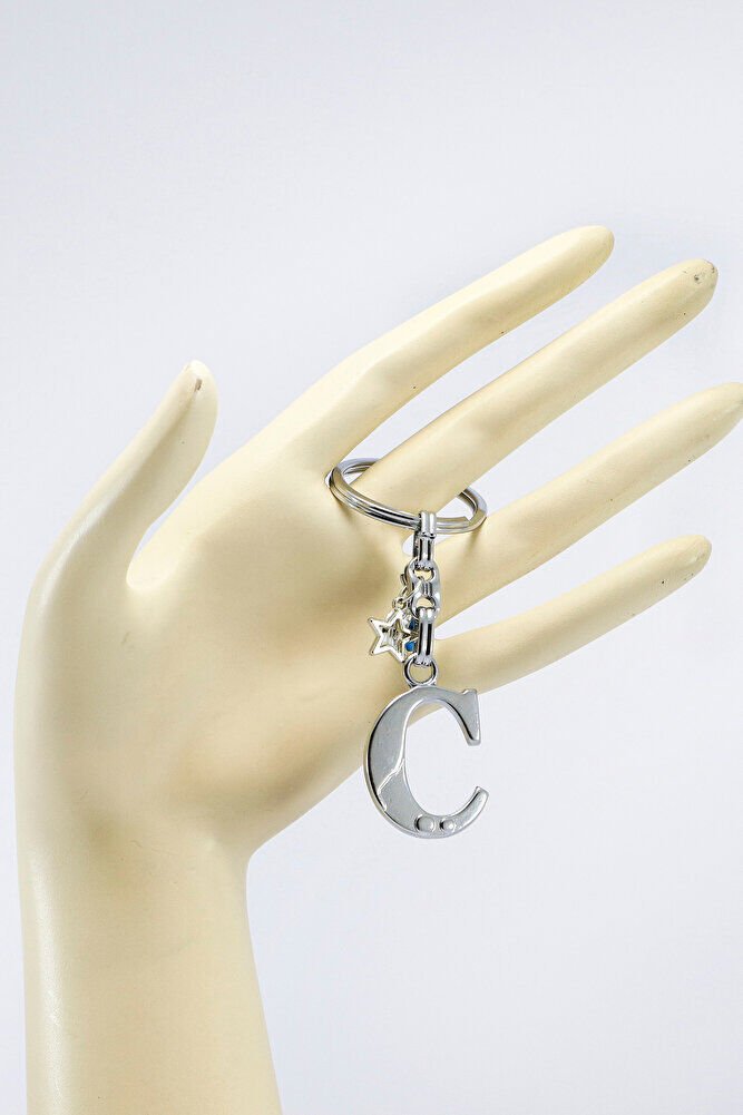 Gümüş Renkli Yıldızlı Nazar Boncuklu Metal C Harfi Anahtarlık / Harfli Çanta Süsü