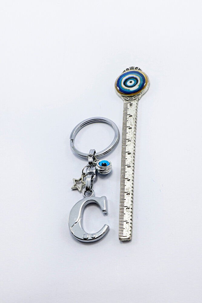 Gümüş Renkli Yıldızlı Nazar Boncuklu Metal C Harfi Anahtarlık / Harfli Çanta Süsü