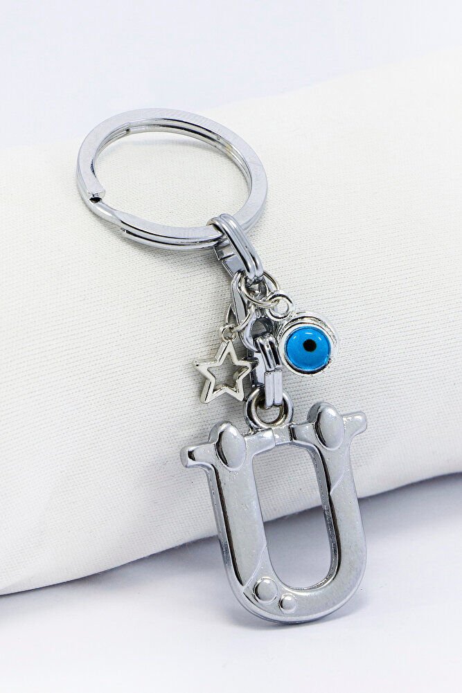 Gümüş Renkli Yıldızlı Nazar Boncuklu Metal Ü Harfi Anahtarlık / Harfli Çanta Süsü