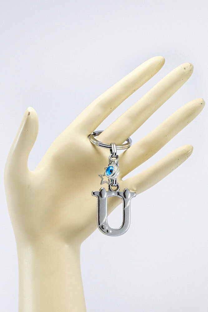 Gümüş Renkli Yıldızlı Nazar Boncuklu Metal Ü Harfi Anahtarlık / Harfli Çanta Süsü