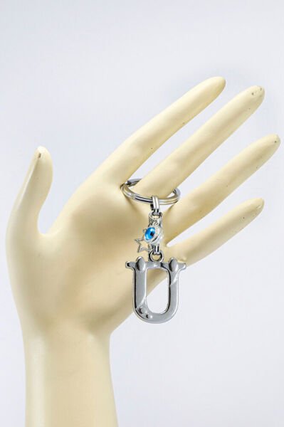 Gümüş Renkli Yıldızlı Nazar Boncuklu Metal Ü Harfi Anahtarlık / Harfli Çanta Süsü