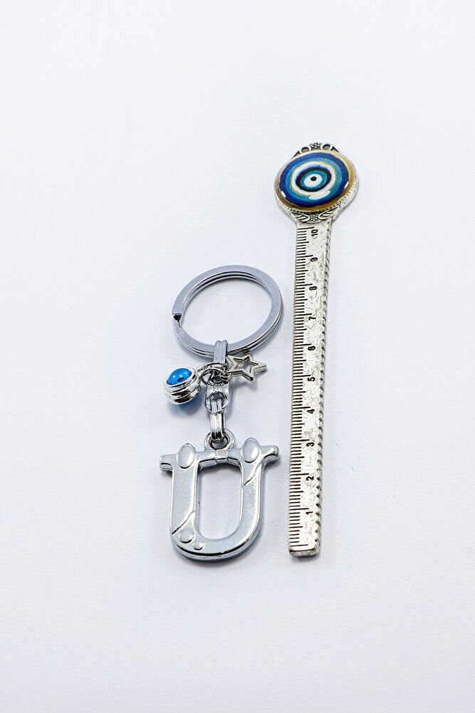 Gümüş Renkli Yıldızlı Nazar Boncuklu Metal Ü Harfi Anahtarlık / Harfli Çanta Süsü