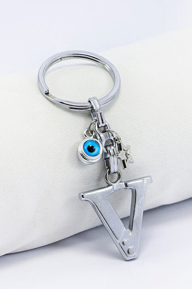 Gümüş Renkli Yıldızlı Nazar Boncuklu Metal V Harfi Anahtarlık / Harfli Çanta Süsü