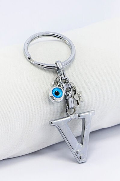 Gümüş Renkli Yıldızlı Nazar Boncuklu Metal V Harfi Anahtarlık / Harfli Çanta Süsü