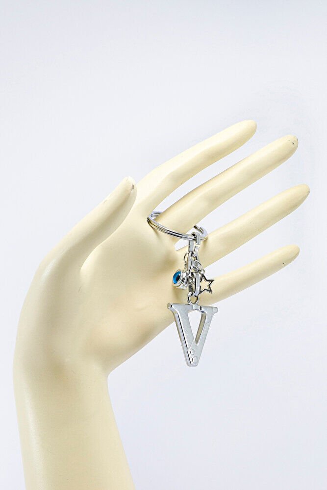 Gümüş Renkli Yıldızlı Nazar Boncuklu Metal V Harfi Anahtarlık / Harfli Çanta Süsü