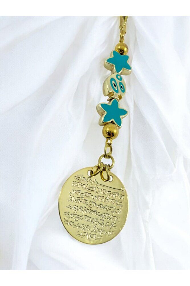 Turkuaz Balık Lotus Çiçeği Metal Ayetel Kürsi Altın Renkli Araba Dikiz Ayna Süsü