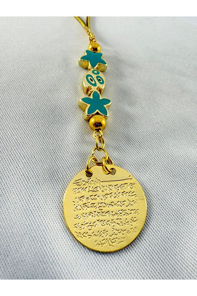 Turkuaz Balık Lotus Çiçeği Metal Ayetel Kürsi Altın Renkli Araba Dikiz Ayna Süsü