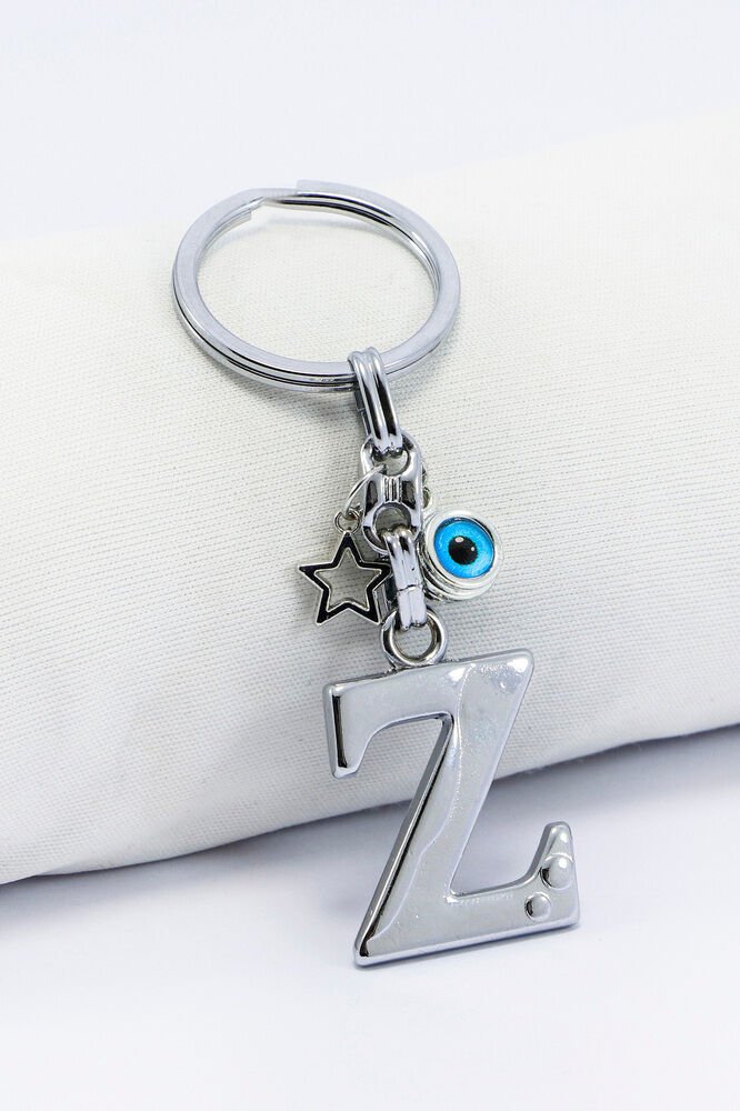 Gümüş Renkli Yıldızlı Nazar Boncuklu Metal Z Harfi Anahtarlık / Harfli Çanta Süsü