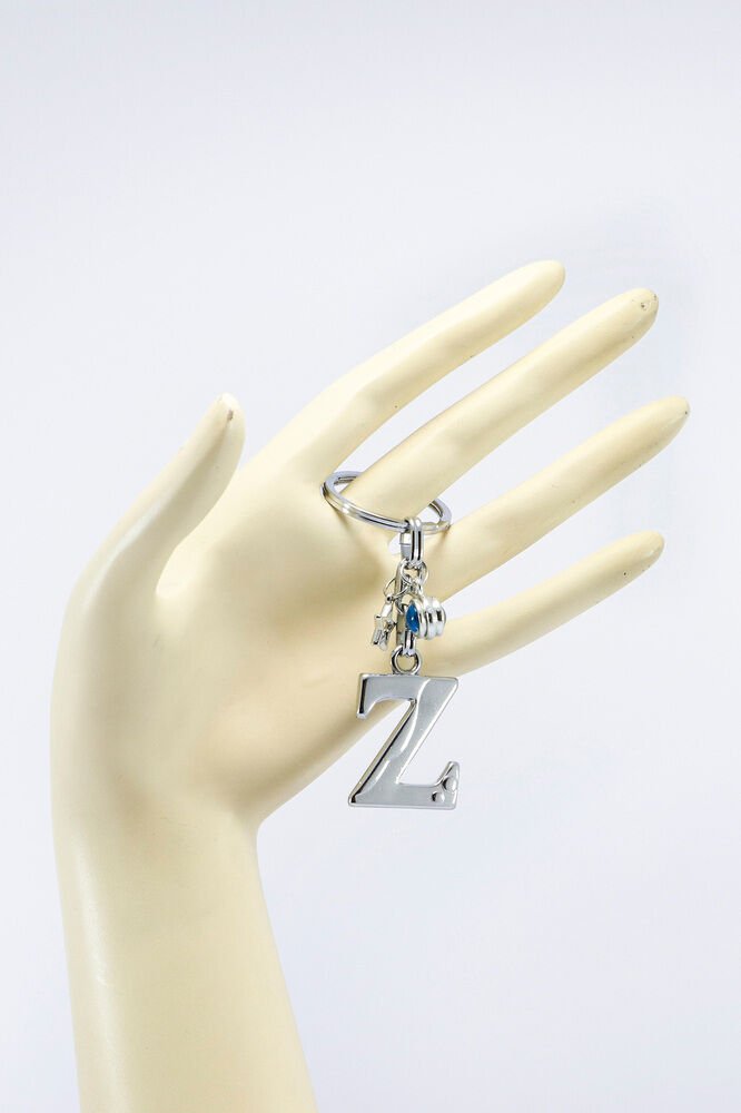 Gümüş Renkli Yıldızlı Nazar Boncuklu Metal Z Harfi Anahtarlık / Harfli Çanta Süsü