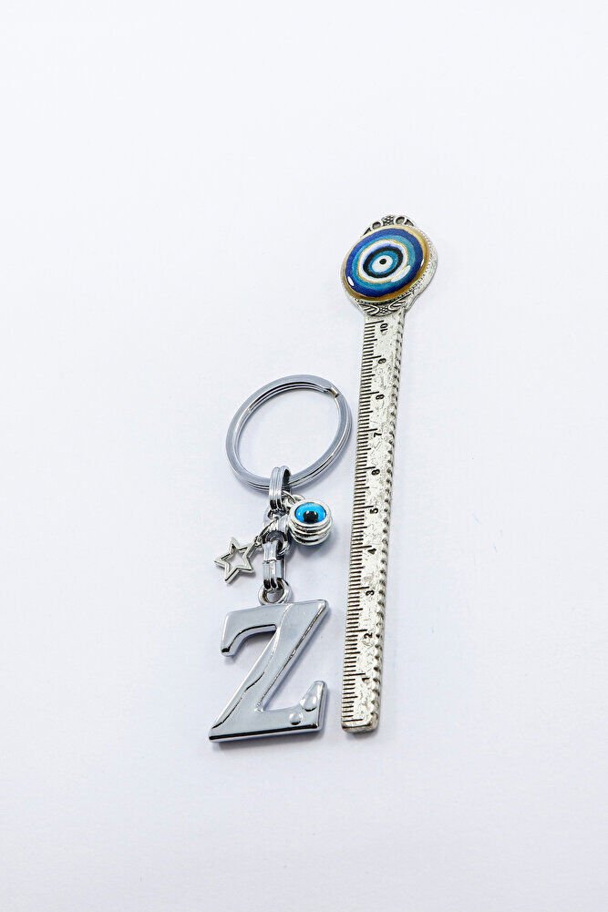 Gümüş Renkli Yıldızlı Nazar Boncuklu Metal Z Harfi Anahtarlık / Harfli Çanta Süsü
