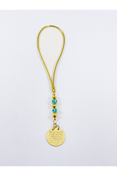 Turkuaz Metal Nazar Boncuklu Metal Ayetel Kürsi Altın Renkli Araba Dikiz Ayna Süsü