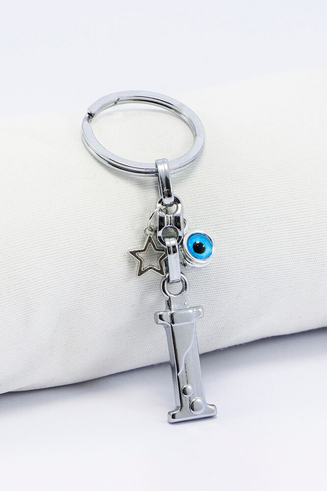Gümüş Renkli Yıldızlı Nazar Boncuklu Metal I Harfi Anahtarlık / Harfli Çanta Süsü