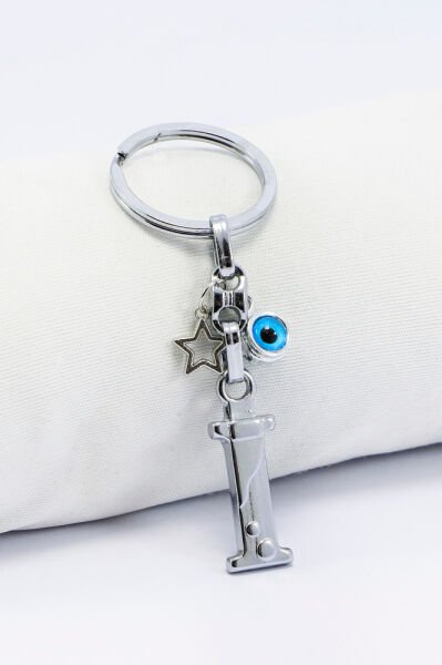Gümüş Renkli Yıldızlı Nazar Boncuklu Metal I Harfi Anahtarlık / Harfli Çanta Süsü