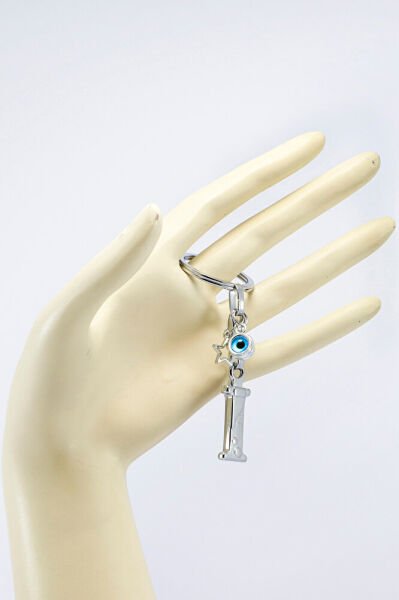 Gümüş Renkli Yıldızlı Nazar Boncuklu Metal I Harfi Anahtarlık / Harfli Çanta Süsü