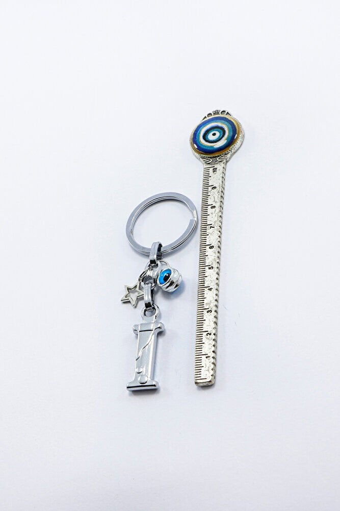 Gümüş Renkli Yıldızlı Nazar Boncuklu Metal I Harfi Anahtarlık / Harfli Çanta Süsü