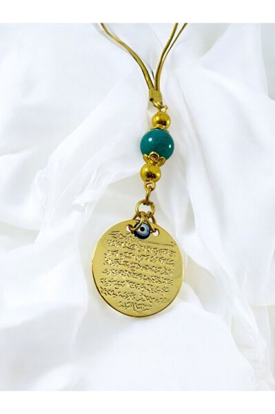 Turkuaz Doğal Taş Boncuklu Metal Ayetel Kürsi Altın Renkli Araba Dikiz Ayna Süsü, Nazar Boncuklu