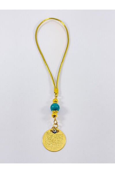 Turkuaz Doğal Taş Boncuklu Metal Ayetel Kürsi Altın Renkli Araba Dikiz Ayna Süsü, Nazar Boncuklu