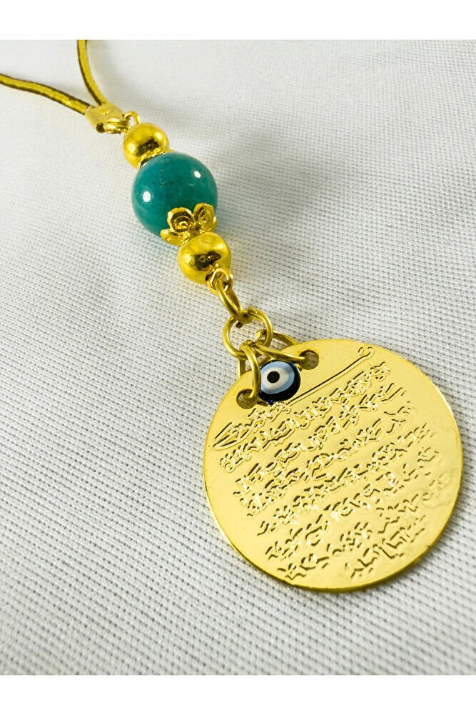 Turquoise Natural Stone Beaded Metal Ayetel Kürsi Gold Color Car Rearview Mirror Ornament with Evil Eye Beads