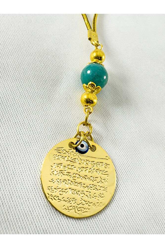 Turquoise Natural Stone Beaded Metal Ayetel Kürsi Gold Color Car Rearview Mirror Ornament with Evil Eye Beads