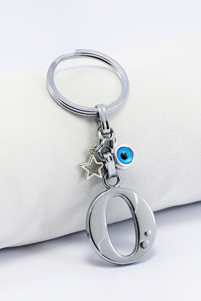 Gümüş Renkli Yıldızlı Nazar Boncuklu Metal O Harfi Anahtarlık / Harfli Çanta Süsü