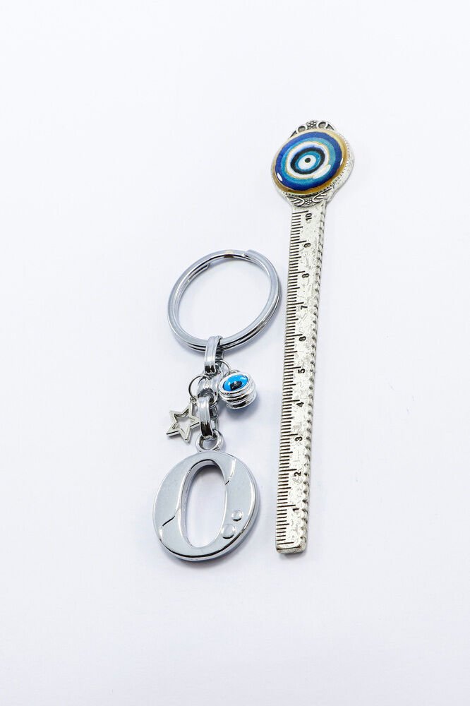 Gümüş Renkli Yıldızlı Nazar Boncuklu Metal O Harfi Anahtarlık / Harfli Çanta Süsü