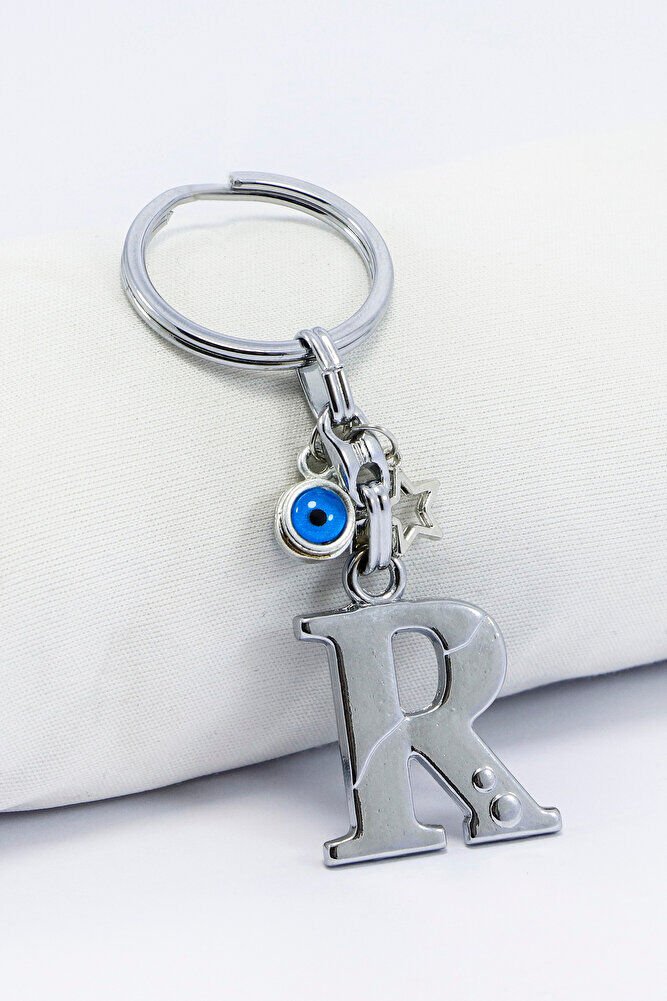 Gümüş Renkli Yıldızlı Nazar Boncuklu Metal R Harfi Anahtarlık / Harfli Çanta Süsü