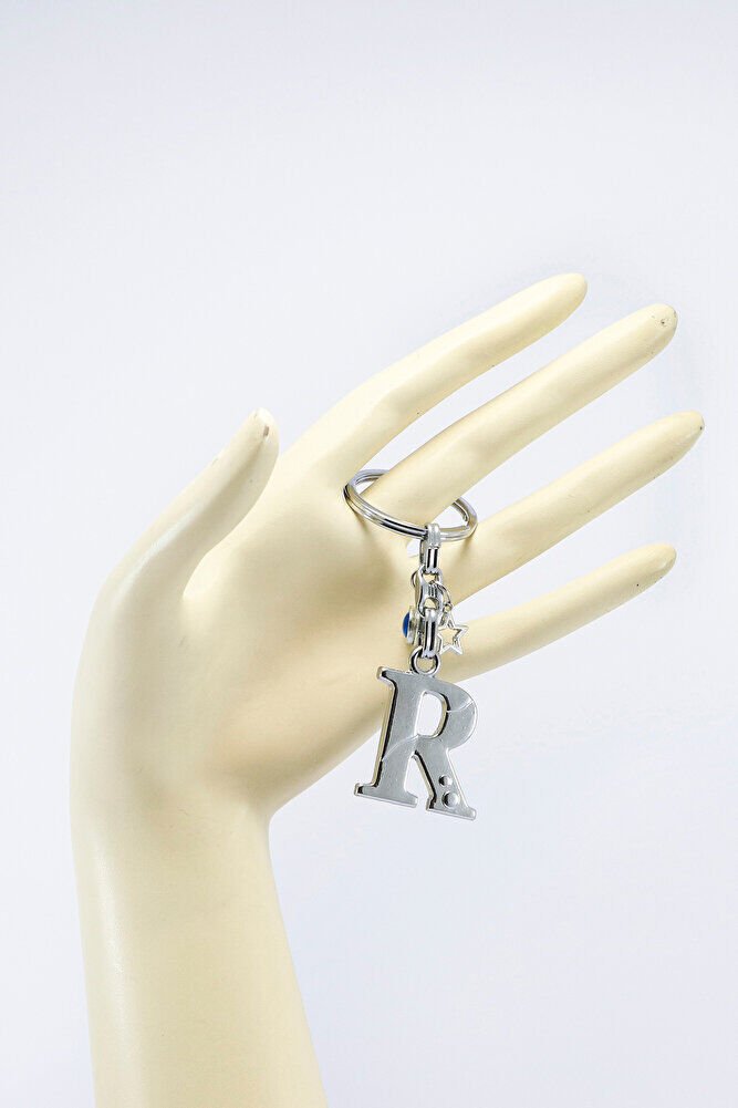 Gümüş Renkli Yıldızlı Nazar Boncuklu Metal R Harfi Anahtarlık / Harfli Çanta Süsü
