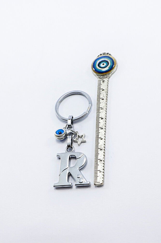Gümüş Renkli Yıldızlı Nazar Boncuklu Metal R Harfi Anahtarlık / Harfli Çanta Süsü
