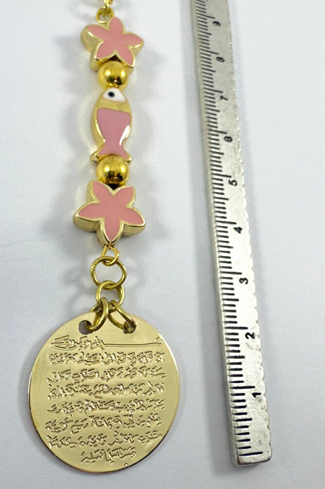 Pembe Lotus Çiçeği Balıklı Metal Ayetel Kürsi Altın Renkli Araba Dikiz Ayna Süsü