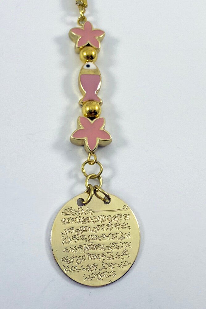 Pembe Lotus Çiçeği Balıklı Metal Ayetel Kürsi Altın Renkli Araba Dikiz Ayna Süsü