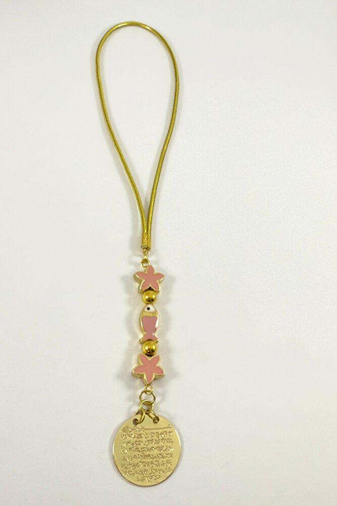 Pembe Lotus Çiçeği Balıklı Metal Ayetel Kürsi Altın Renkli Araba Dikiz Ayna Süsü