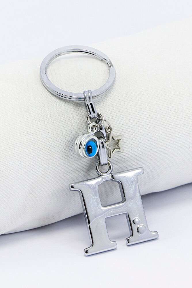 Gümüş Renkli Yıldızlı Nazar Boncuklu Metal H Harfi Anahtarlık / Harfli Çanta Süsü