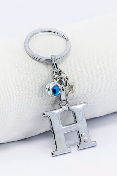 Gümüş Renkli Yıldızlı Nazar Boncuklu Metal H Harfi Anahtarlık / Harfli Çanta Süsü